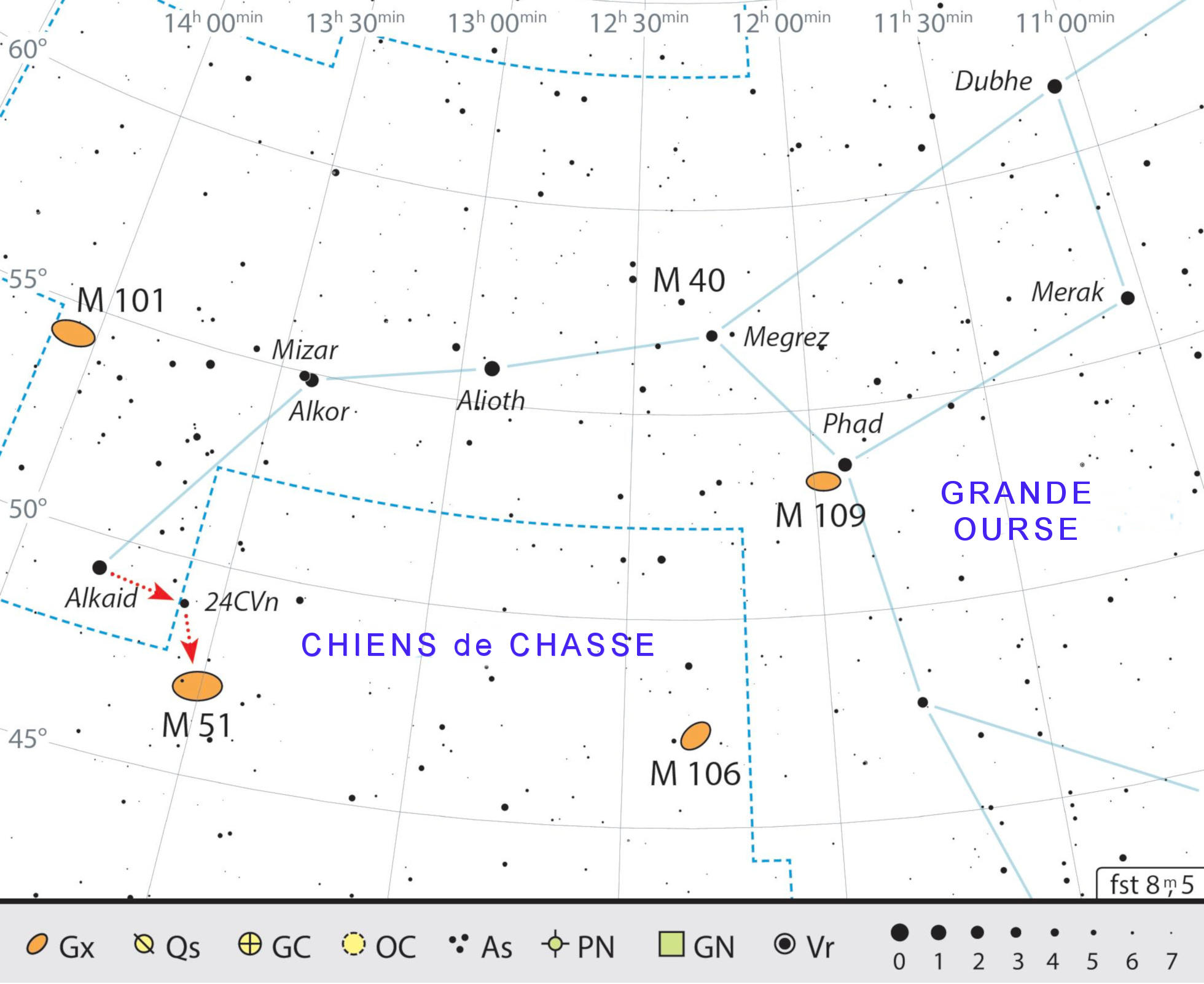 Carte de recherche M 51 dans la constellation du Chien de Chasse. J. Scholten